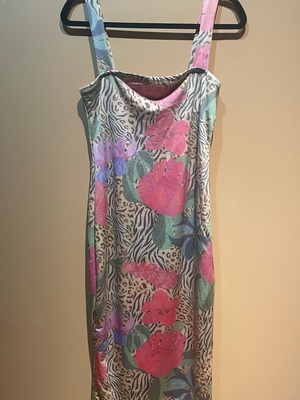 Bululu Mixed Media Leopard Zebra Hibiscus Floral Satin Midi Dress Size Medium